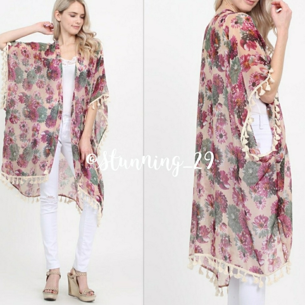 🆕 BEIGE PINK FLORAL OPEN LONG KIMOMO DUSTER - Picture 6 of 7